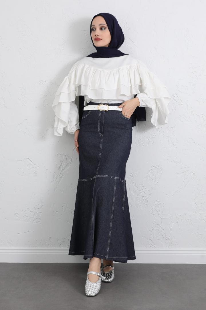 Kontrast Dikişli Denim Etek Y0115 - LACİVERT |  
